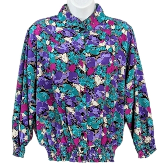 VINTAGE 90s floral blouse turquoise purple button up shirt Medium @L - Picture 7 of 9